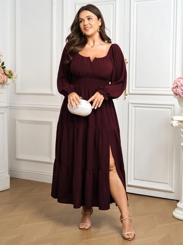 SCOMCHIC Womens Plus Size Formal Dress Fall Long Sleeve Square Neck Flowy A Line Tiered Side Split Wedding Guest Maxi Dress4
