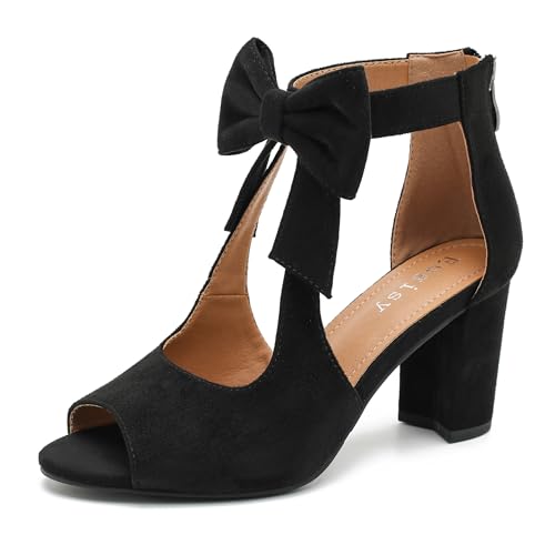 Eugisy Women's Bows Strappy Sandals Open Toe Chunky High Heels Sandals Ankle Strap Dressy Pumps Back Zip Cutout Heeled Summer Party Sandals Black 45-11US by Eugisy - Used condition - US$33.60
