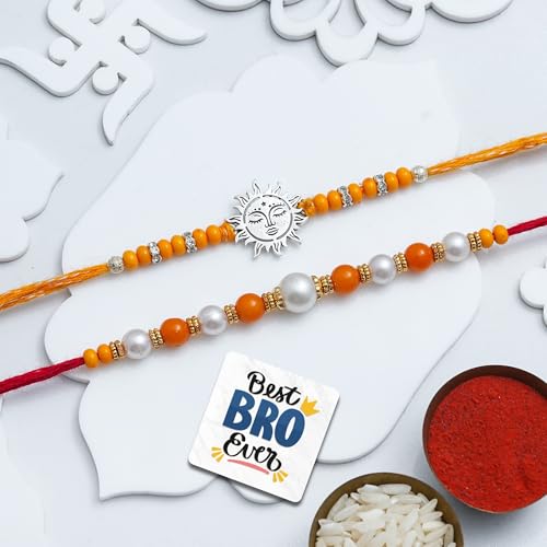 Image of eCraftIndia Sun Beads Rakhi Set of 2 | Rakhi for Brother Bhaiya Bhai with Best Bro Ever Fridge Magnet | Roli Chawal Pack
