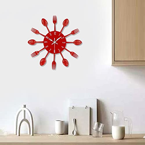 Timelike Kitchen Wall Clock, 3D Removable Modern Creative Cutlery Kitchen Spoon Fork Wall Clock Mirror Wall Decal Wall Sticker Room Home Decoration (Red) #TOP7