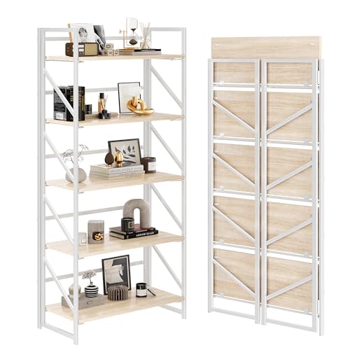JSB No Assembly Folding Bookshelf, 5 Tier Industrial Metal Book Shelf for Storage, Vintage Wood Foldable Bookcase for Living Room, Bedroom, Office Organization Shelves