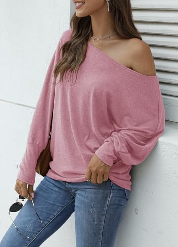 Image of Aifer Women's Off The Shoulder Tops Sexy Long Sleeve Shirts Oversized Fashion Casual Batwing Sweaters Pullover Tunic Tops