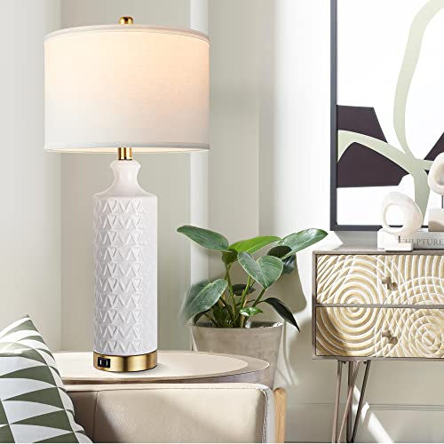 Touch Control Table Lamp Set Of 2, Modern Contemporary Ceramic Bedside Lamps With 2 Usb Ports, 3-Way Dimmable Nightstand Lamp With White Fabric Shade For Living Room, Bedroom (Led Bulbs Included) #TOP4