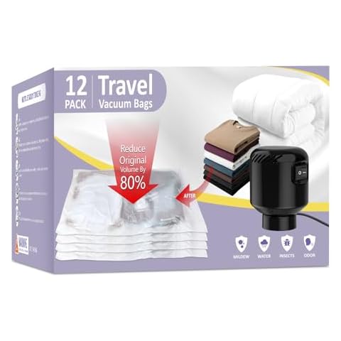 HZD 12 Pack Vacuum Storage Bags, Space Saver Bags, Compression for Comforters and Blankets, Plush Toy, Sealer Clothes Storage (3 Jumbo/3 Large/3 Medium/3 Small) Electric Vacuum Pump Included Cover