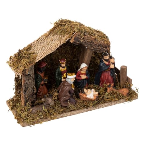 Feeric Lights et Christmas - Crèche de noël à LED avec 7 santons 20x13cm résine et Bois