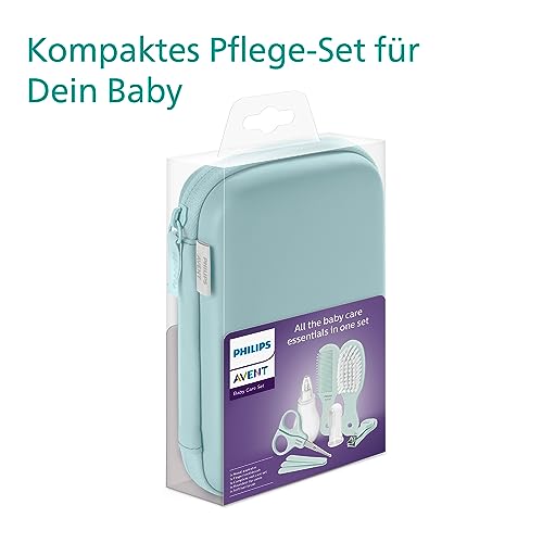 Philips AVENT Babypflege-Set – Starter-Set mit 9 Zubehörteilen: Nagelknipser, Schere, 3 Nagelfeilen, Kamm, Haarbürste, Nasensauger und Fingerzahnbürste (Modell SCH401/00)