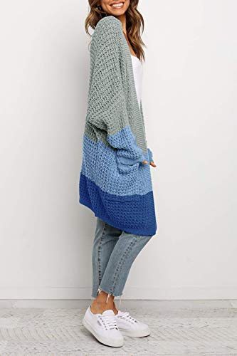BTFBM Women Long Sleeve Open Front Plain Knit Cardigan Fashion Color Block Striped Slouchy Loose Pockets Sweater Outwear (Grey Blue, Large)