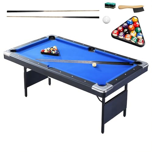 7FT or 8FT Portable Folding Pool Table - Includes Full Set of Balls, 2 Cue Sticks, Felt Brush and Chalk - Suitable for Gaming Rooms, Apartments, and Offices (Blue, 7 FT)