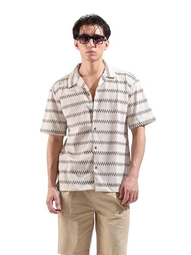 Chemise à manches moyennes en tissu texturé marron à col cubain décontracté