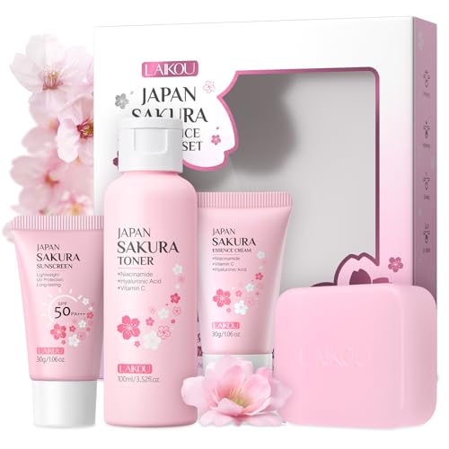 LAIKOU Set de Cuidado Facial Sakura, 4 piezas Set de Protección Solar, Kit de Viaje Skincare con Jabón + Tónico Hidratante + Crema Facial + Protector Solar FPS 50, para Adolescentes y Mujeres