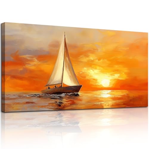 SERIMINO Sailboat Large Wall Art, Ocean Sunset Landscape Canvas Painting, Nature Nautical Scenery Art Prints, Orange Aesthetic Pictures Wall Decor Living Room Bedroom Bathroom Home Office 24"X48"