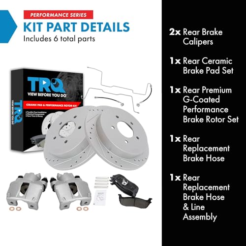 Image of TRQ Performance Rear Brake Pad and Rotor Set Ceramic Slotted Drilled Calipers Compatible with 1999-2003 Ford F-150 Lightning 2002-2003 F-150 Harley-Davidson Edition 2004 F-150 Heritage SVT Lightning