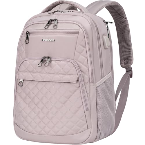 KROSER Travel Laptop Backpack 17 Inch Large Computer Backpack Water-Repellent Daypack with USB Charging Port & Headphone Interface RFID Pockets for Work/Business/College/Men/Women Dusty Pink(Quilted) by KROSER - Used condition - US$29.39