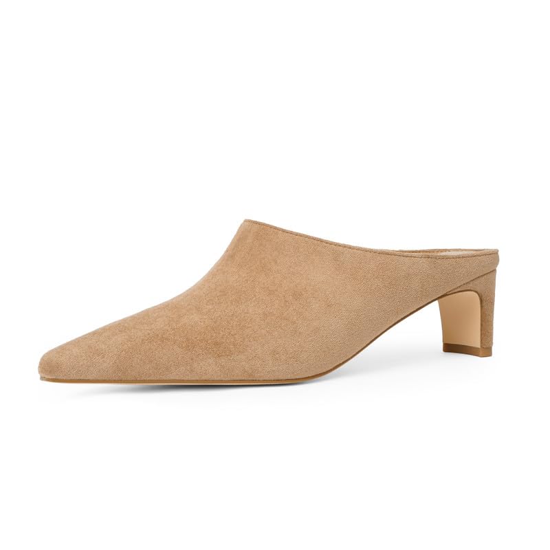 VIUGJNEX Kitten Heel Mule Tan Suede Women's Low Chunky Heel Pumps with Closed Square Toe Comfortable...