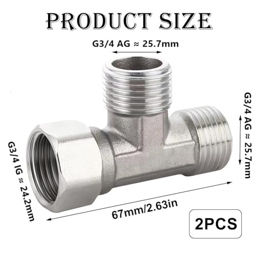 2 Stück 304 Edelstahl T-Stück 3/4 Zoll, T-Stück Schwenkrohrverschraubung, 3/4\ AG/AG/IG T-Fitting Wasseranschluss, 3 Wege T-Verbindungsstück, 3-Wege Verteiler für Sprayer, Dusche Arm