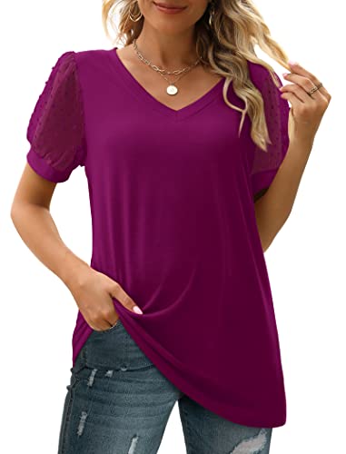 Image of Aokosor Womens Summer Tops V Neck T Shirts Swiss Dot Puff Sleeve Tops Loose Casual Tshirts