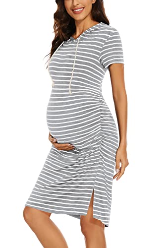 Wooxio Women's Maternity Hoodie Dress Short Sleeve Split Side Ruched Pregnancy Clothes Medium, Light Grey Stripe #TOP1