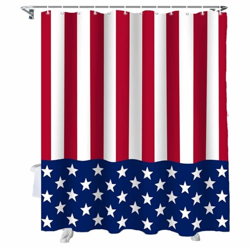 4th of July Shower Curtain, American Flag Shower Curtains Set with Hooks, Waterproof Fabric Red White and Blue Star Stripes Independence Day Bathroom Curtains Bathtub Decor, Stall 36 X 72 Inch