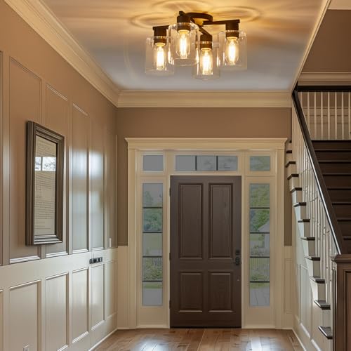 YYT Semi Flush Mount Ceiling Light Black 4-Light Kitchen Ceiling Light fixtures Kitchen Lighting Fixtures Cieling with Glass Shade for Bedroom Foyer Dinning Room by YYT - Image 6