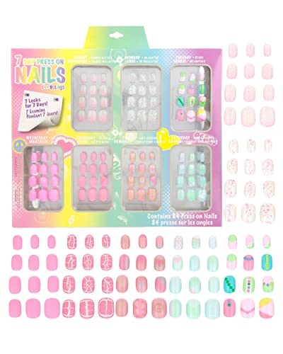 Expressions Girl 7 Day Manicure Collection - 84Pc Press On Nail Set, Day-Of-The-Week Adhesive False Nails For Girls (Set Of Brights Or Pastels) – Colorful Novelty Designs Stick On Nails For Kids #TOP1