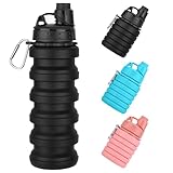 Sitanflex Collapsible Water Bottles 17oz, Reusable BPA Free Silicone Foldable Water Bottle With Carabiner, Lightweight Leakproof Travel Water Bottle for Gym, Traveling, Camping, Hiking, Sports-Black
