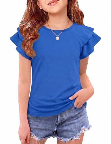 Image of Girls T Shirts Ruffle Short Sleeve Round Neck Loose Blouse Summer Solid Color Casual Girl Tee Tops for 3-12 Years