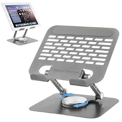 FANCYCOLLECTION Adjustable Tablet Stand with 360 Rotating Base, Aluminum Dual-Rod Support, Compatible with iPad Pro/Air/Mini, Smartphones and E-Readers, Silver Grey