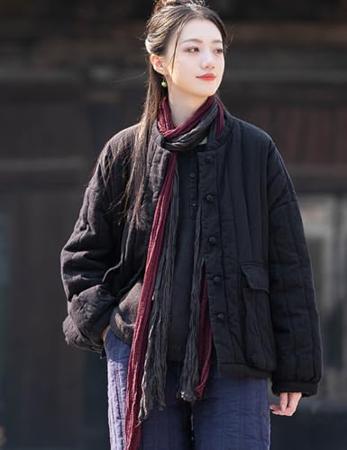 Ystylee Women's Linen Quilted Jackets Long Sleeve Warm Winter Handmade Knot Button Up Coat with Pockets2