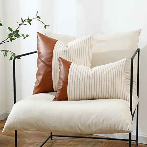 Throw Pillow Covers,Pillow Covers 18X18,Khaki Stripes Textured Cotton Faux Leather Stitching Square Farmhouse Pillow Covers Home Decorative For Sofa Couch Chair Bedroom Sets Of 2 #TOP5