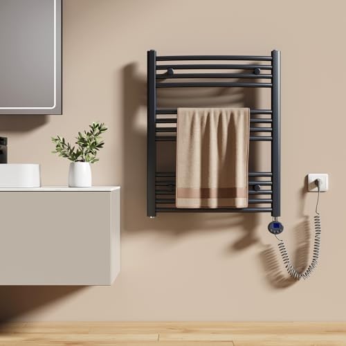 EMKE Radiador Toallero Eléctrico para Baño 75 x 60 cm, Radiador Curvado con Termostato, Calientatoallas Eléctrico, Soporte Toallero Eléctrico, Antracita, 300 Watts