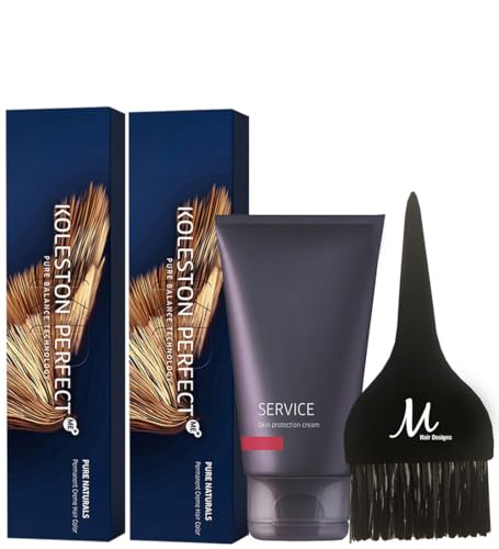Koleston Perfect 44/0 Intense Medium Brown/Natural Permanent Hair Color (Pack of 2), Service Preguard Cream 2.53oz and Tint Brush  Professional Hair Dye Kit for Full Coverage and Scalp Protection