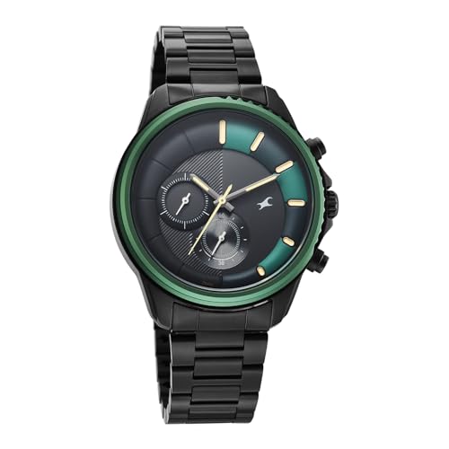 Image of Fastrack Wild Chameleons Back Inspired Bezel with Black and Green Dial IP Black Stainless Steel Strap Watch for Men - 3337KM01