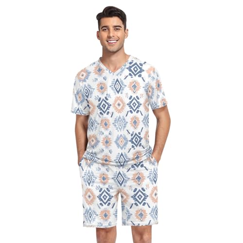 Aztec Print Men’s Pajama Sets 2 Piece Short Sleeve Sleepwear with Printed Design