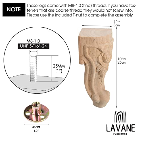 La Vane 10 Inch / 25Cm Wooden Furniture Legs, Set Of 4 European Style Solid Wood Carving Furniture Replacement Feet Decoration For Sofa Cabinet Wardrobe Table Loveseat #TOP3