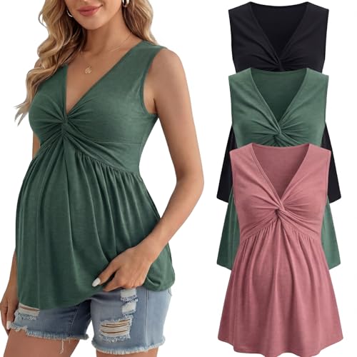 Cutecrop 3 Pack Women Maternity Tank Tops Sleeveless V Neck Pregnancy Shirts Front Knotted Pregnancy Waist Tunic Tops(M,Black, Green, Pink)