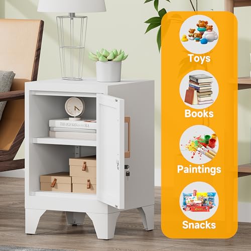 Image of 23.6 inch H Metal Locker Nightstand Set of 2,White Locking Night Stand with Door and Adjustable Shelf, Small Locker Cabinet with Detachable Legs for Home Office,Living Room or Bedroom,Easy Assembly