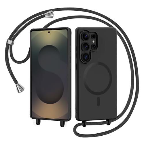 AOMYKE Handyband für Samsung Galaxy S25 Ultra Hülle mit Band, Magnetisch Handyhülle kompatibel mit Magsafe zum Umhängen Schutzhülle mit Kette Kordel Weich TPU Liquid Silikon Case，Schwarz