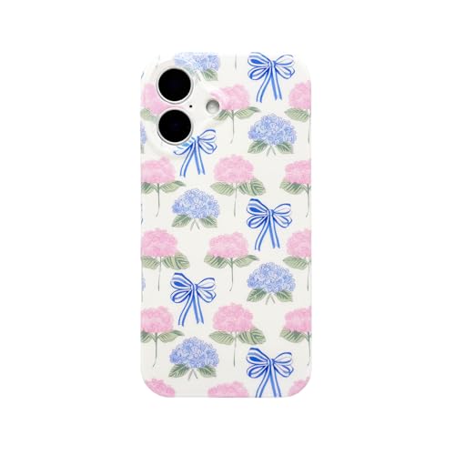 Reezaddin Pink Blue Hydrangea Flower Bow Phone Case for iPhone 16 Plus | Aesthetic Retro Coquette Vintage Floral Trendy Design,Preppy Ribbons Slim Glossy Chic Cute Girls Women Cover