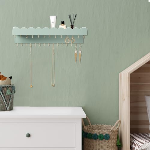 Lampaggio Schmuck-Organizer zur Wandmontage mit 28 Haken und Kosmetikablage, moderner Schmuckhalter aus Holz zum Aufhängen für Halsketten, Armbänder, Ohrringe und Ringe, Grün