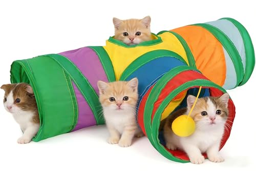 Kitty Cat Guinea Pig Tunnel Toys, 3 Way Collapsible Small Animal Tunnel Tube with Interactive Ball for Baby Pet Hiding and Resting