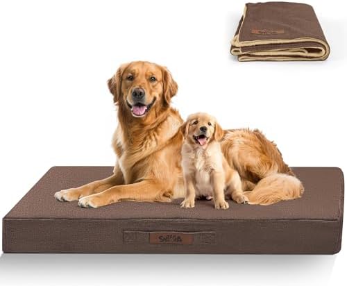 Beds & Furniture - Sytopia 42'' XL Outdoor Indestructible Dog Beds for Extra Large Dogs with Detachable Blanket, Removable Waterproof and Washable Cover, Egg Crate Foam, Include Blanket, Brown