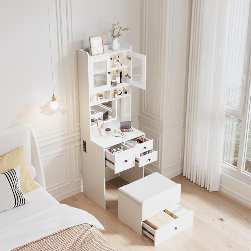 GarveeLife Compact Vanity, Make Up Vanity Desk with Mirror and Lights, White Vanity Table Set with Charger Station,Girls Small Vanity and Storage Chair White 58" Tall