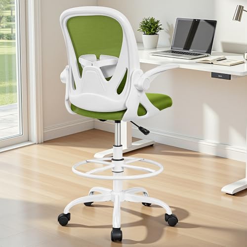 Image of Primy Drafting Chair Tall Office Chair with Flip-up Armrests Executive Ergonomic Computer Standing Desk Chair with Lumbar Support and Adjustable Footrest Ring (AvocadoGreen)