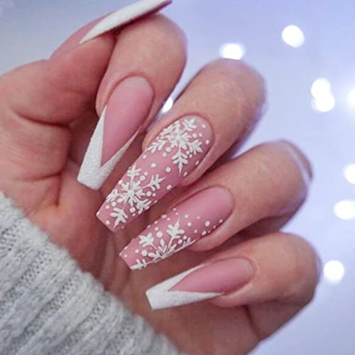 Qingge Christmas Pink French Tip Press On Nails Long Snowflake Coffin Fake Nails Glossy Design Stick On Nails With Glue Nude Hot Pink False Nails Tips Exquisite Acrylic Nails Summer Static Nails For Women 24Pcs #TOP22