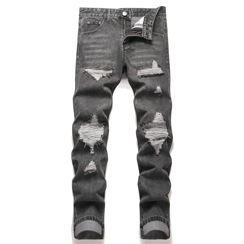 OIIIO Men's Ripped Slim Fit Straight Leg Jean Denim Pant (28, 30042 Grey)