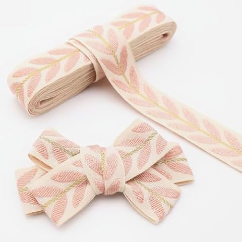 ZNZAKKA Jacquard Ribbon 3 Yards Pink Embroidered Lace Trim Leaf Pattern Ribbon for Sewing, Gift Wrapping, Hair Accessories (Pink) Cover