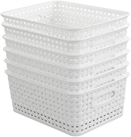 Hokky 6-Pack White Plastic Weave Basket, Woven Rattan Storage Basket, Desktop Storage Box