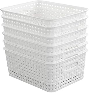 Hokky 6-Pack White Plastic Weave Basket, Woven Rattan Storage Basket, Desktop Storage Box