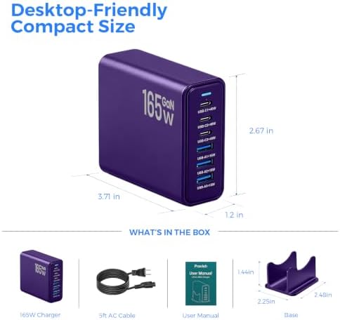 Pravish 165W GaN Charging Station, 6-Port USB C & USB A Charger, Purple — view 6