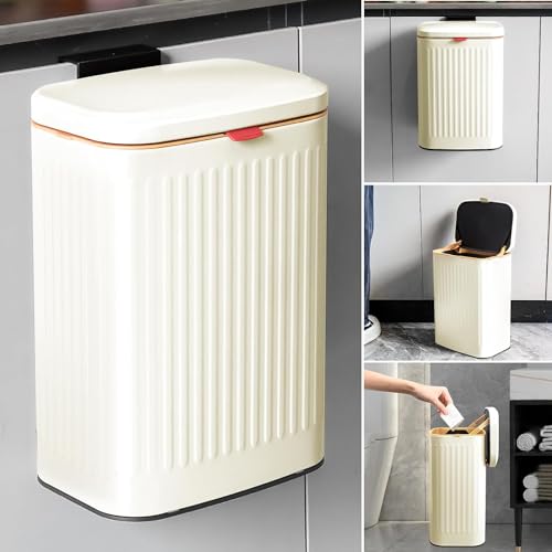 TESIN Hanging Kitchen Compost Bin 8 Liter/2.1 Gallon, Small Trash Can with Detachable Inner Bucket for Cupboard/Countertop/Bathroom/Camping/Office/Camping (Milky White, 8 Liter)